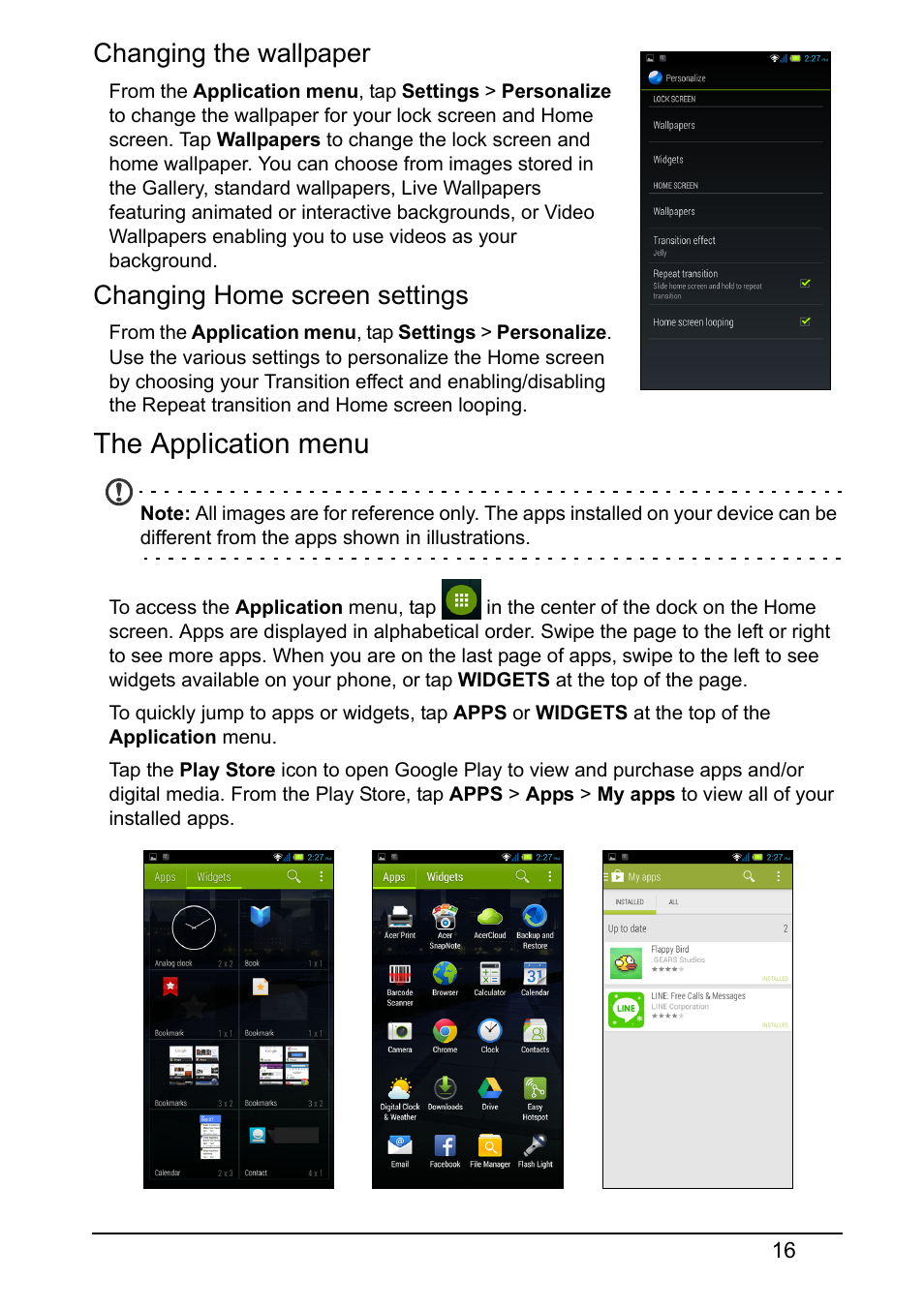 The application menu, Changing the wallpaper, Changing home screen settings | Acer E380 User Manual | Page 16 / 58