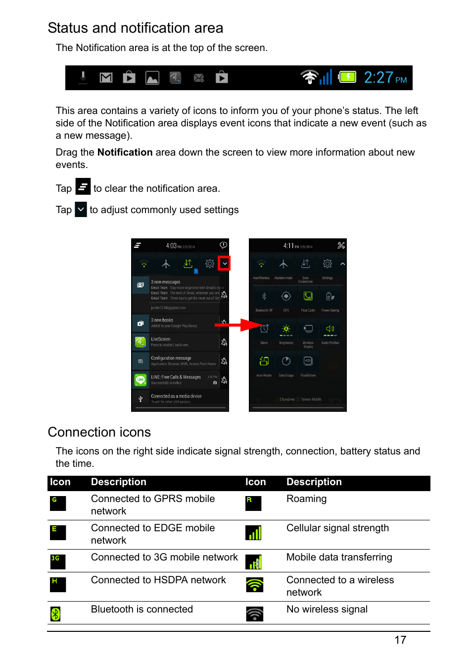 Status and notification area, Connection icons | Acer E380 User Manual | Page 17 / 58
