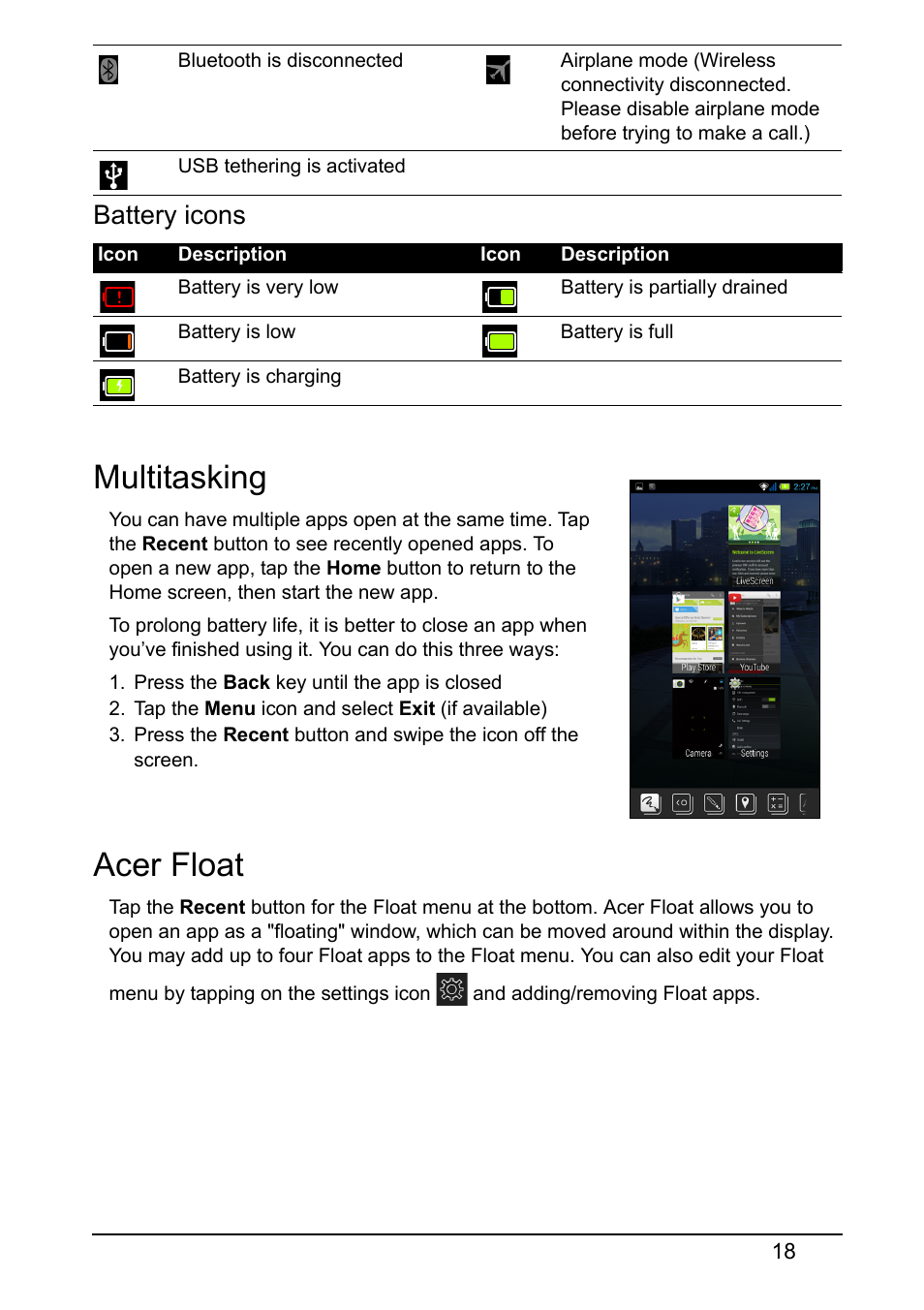 Multitasking, Acer float, Multitasking acer float | Battery icons | Acer E380 User Manual | Page 18 / 58