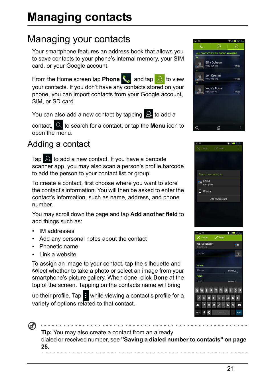 Managing contacts, Managing your contacts, Adding a contact | Acer E380 User Manual | Page 21 / 58