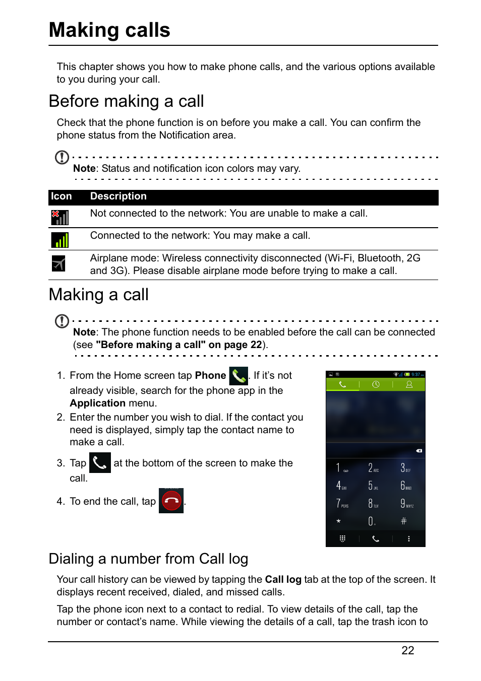 Making calls, Before making a call, Making a call | Dialing a number from call log, Before making a call making a call | Acer E380 User Manual | Page 22 / 58