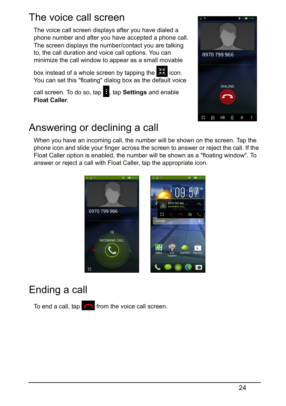 The voice call screen, Answering or declining a call, Ending a call | Acer E380 User Manual | Page 24 / 58