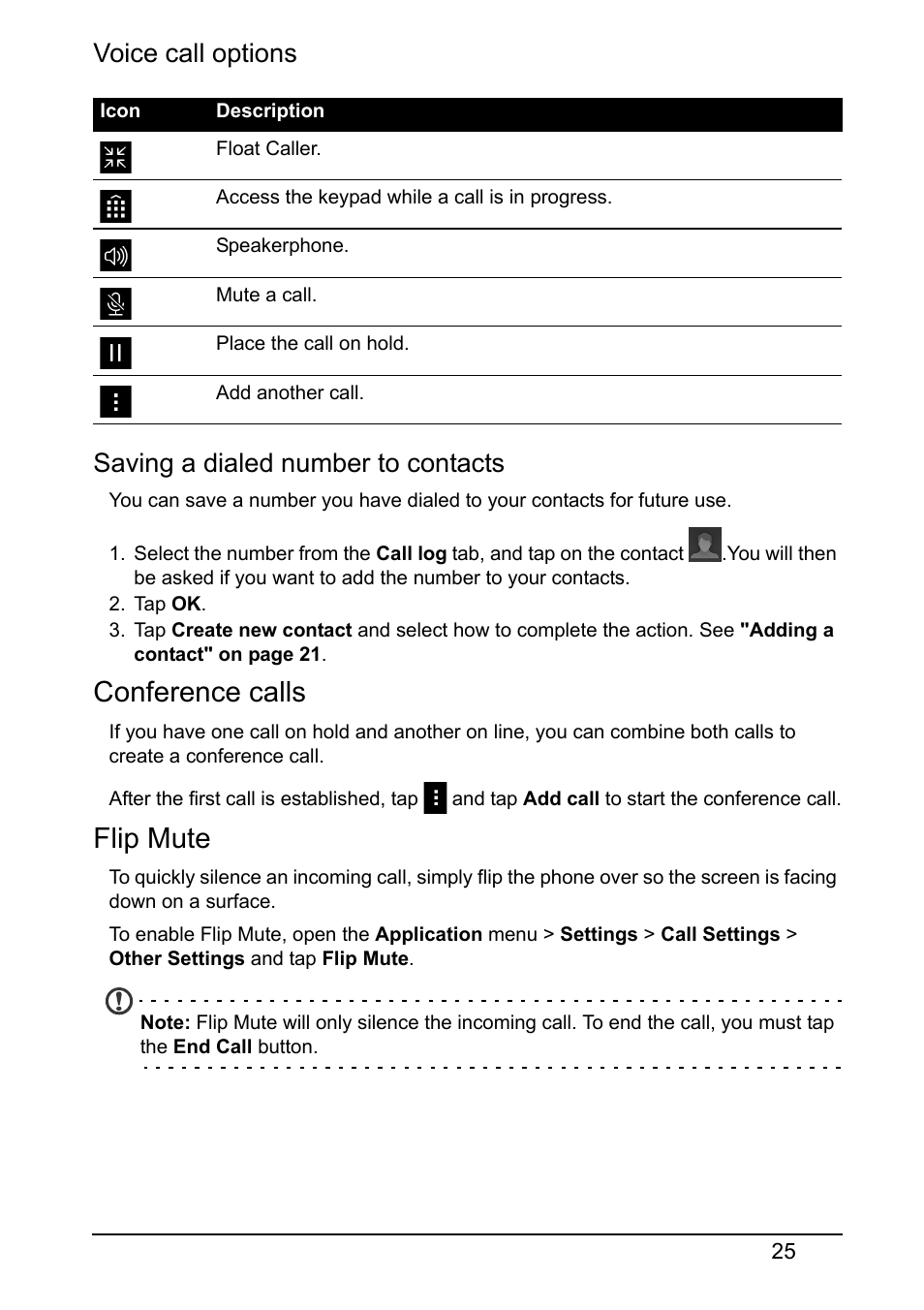 Conference calls, Flip mute | Acer E380 User Manual | Page 25 / 58