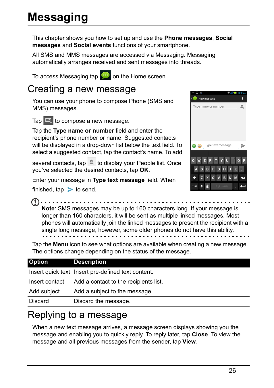 Messaging, Creating a new message, Replying to a message | Creating a new message replying to a message | Acer E380 User Manual | Page 26 / 58