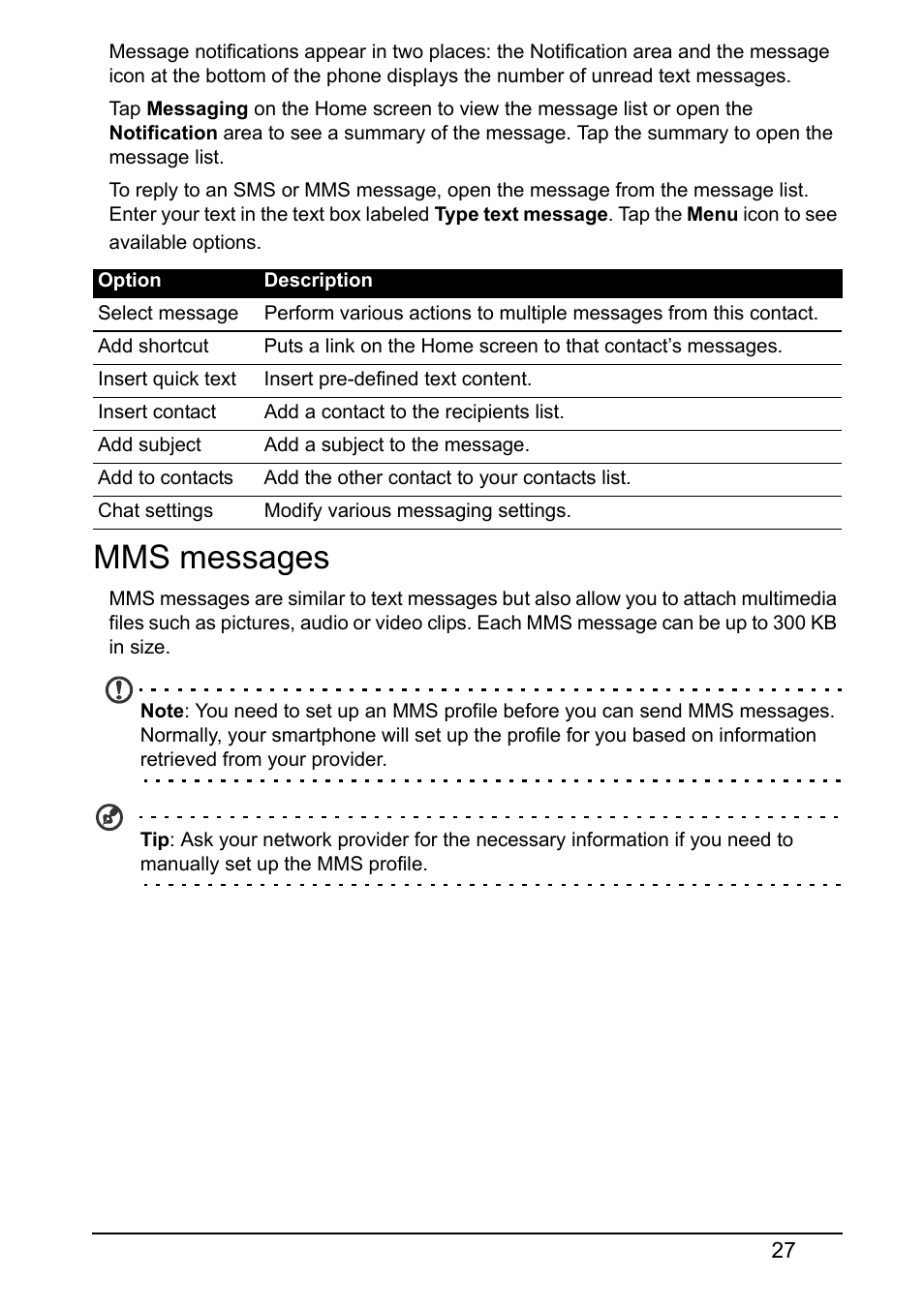 Mms messages | Acer E380 User Manual | Page 27 / 58
