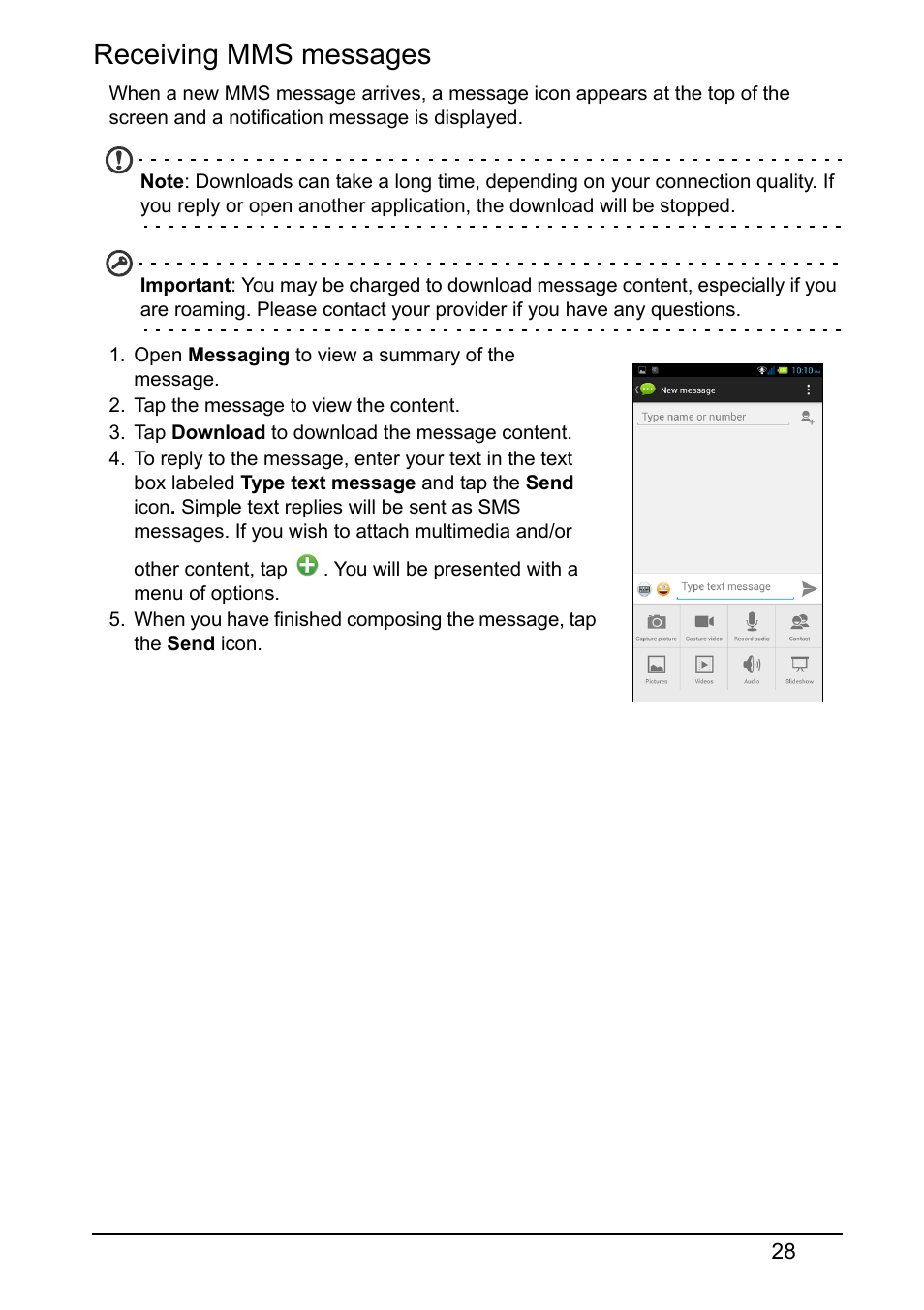 Receiving mms messages | Acer E380 User Manual | Page 28 / 58