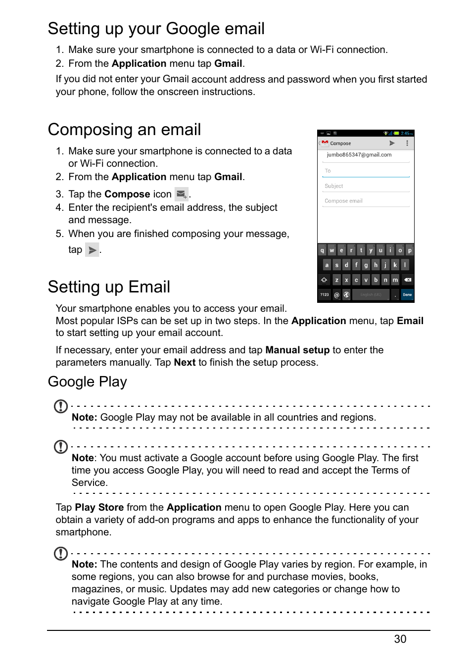 Setting up your google email, Composing an email, Setting up email | Google play | Acer E380 User Manual | Page 30 / 58