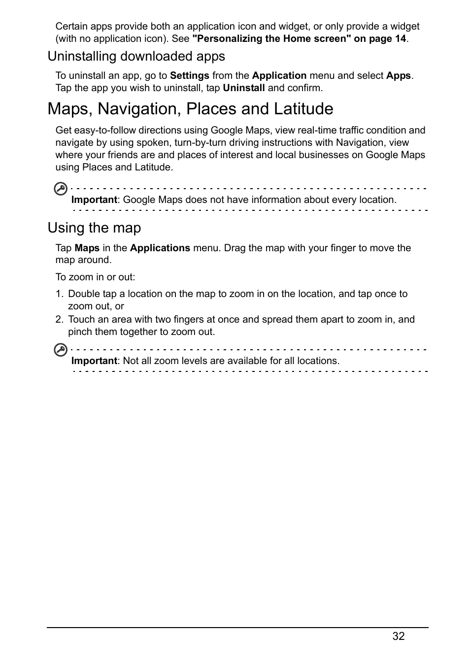 Maps, navigation, places and latitude, Using the map, Uninstalling downloaded apps | Acer E380 User Manual | Page 32 / 58