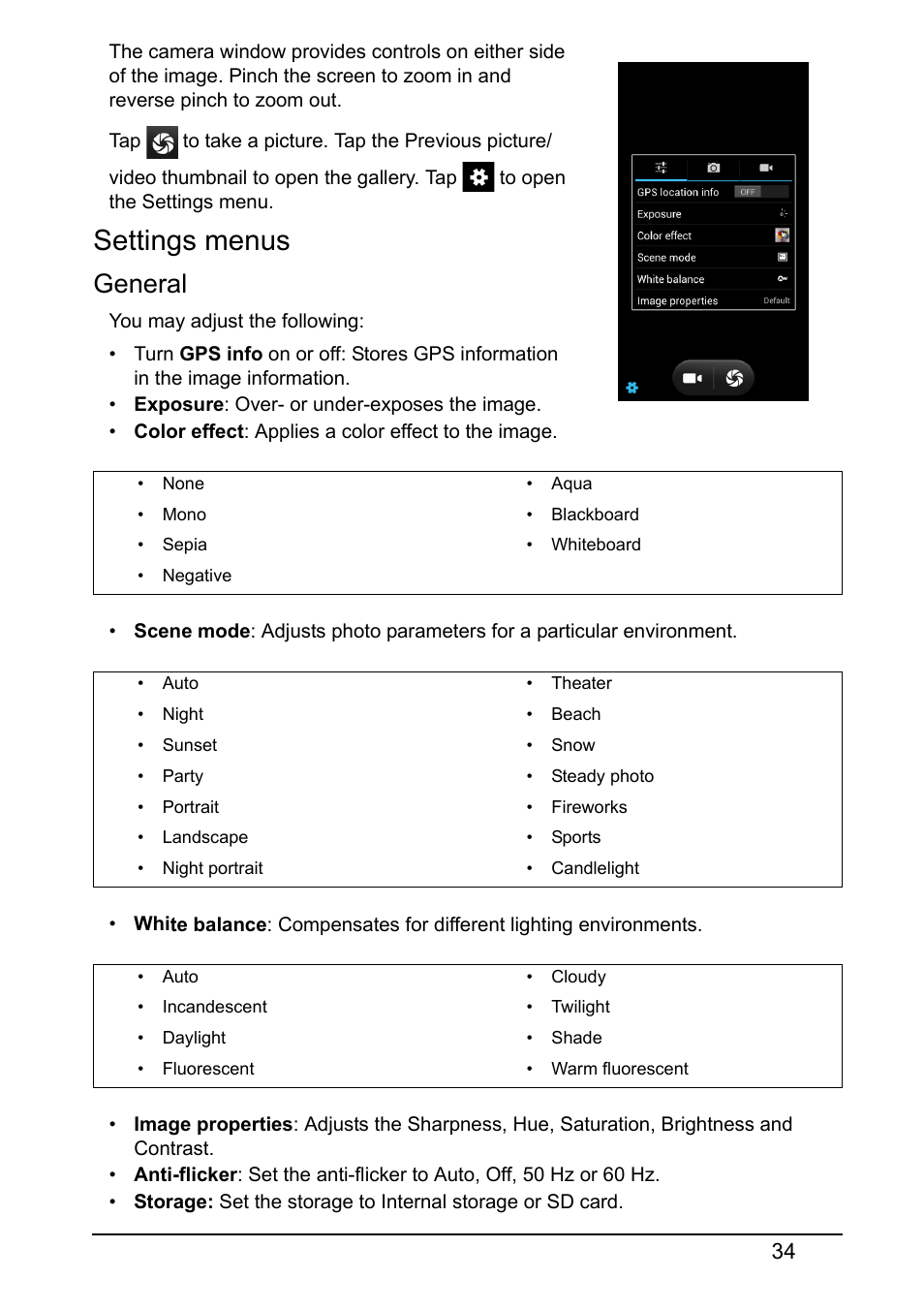 Settings menus, General | Acer E380 User Manual | Page 34 / 58