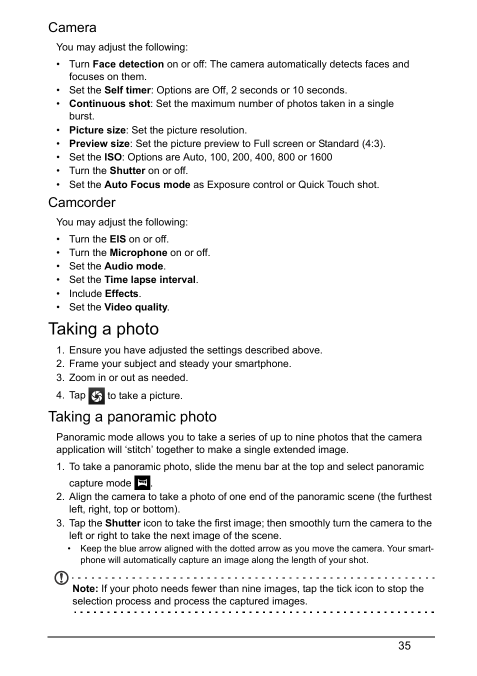 Taking a photo, Taking a panoramic photo, Camera | Camcorder | Acer E380 User Manual | Page 35 / 58