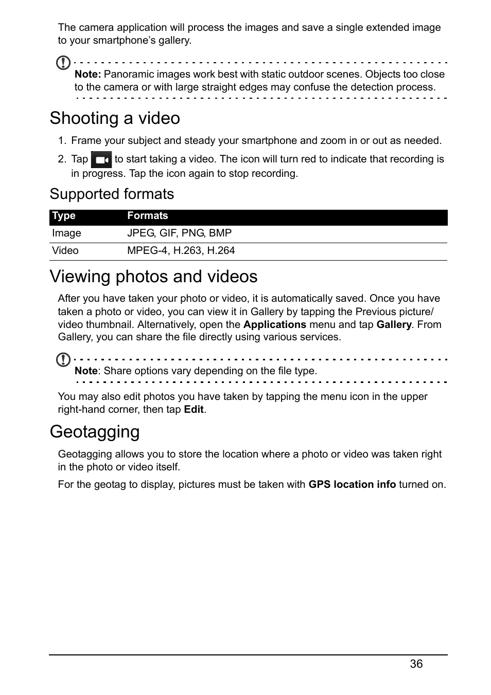 Shooting a video, Supported formats, Viewing photos and videos | Geotagging | Acer E380 User Manual | Page 36 / 58