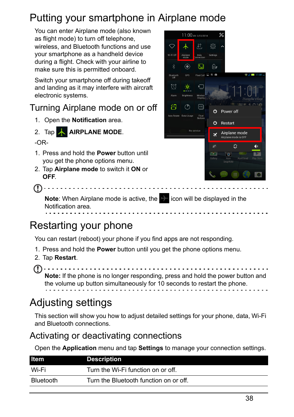 Putting your smartphone in airplane mode, Turning airplane mode on or off, Restarting your phone | Adjusting settings, Activating or deactivating connections | Acer E380 User Manual | Page 38 / 58