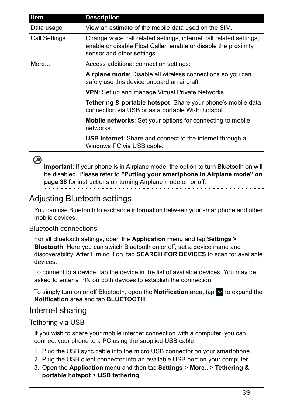 Adjusting bluetooth settings, Internet sharing | Acer E380 User Manual | Page 39 / 58