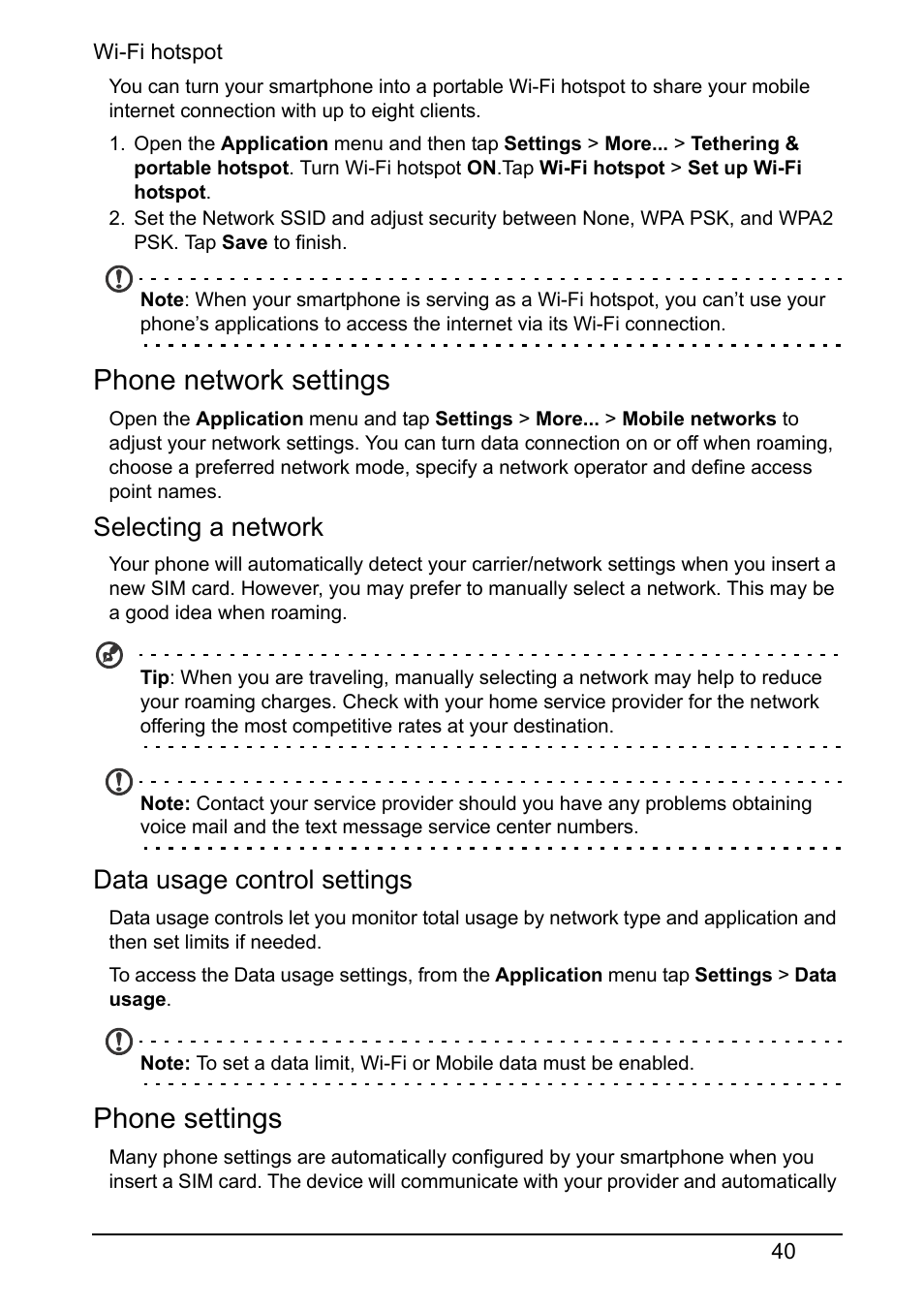 Phone network settings, Phone settings, Selecting a network | Data usage control settings | Acer E380 User Manual | Page 40 / 58