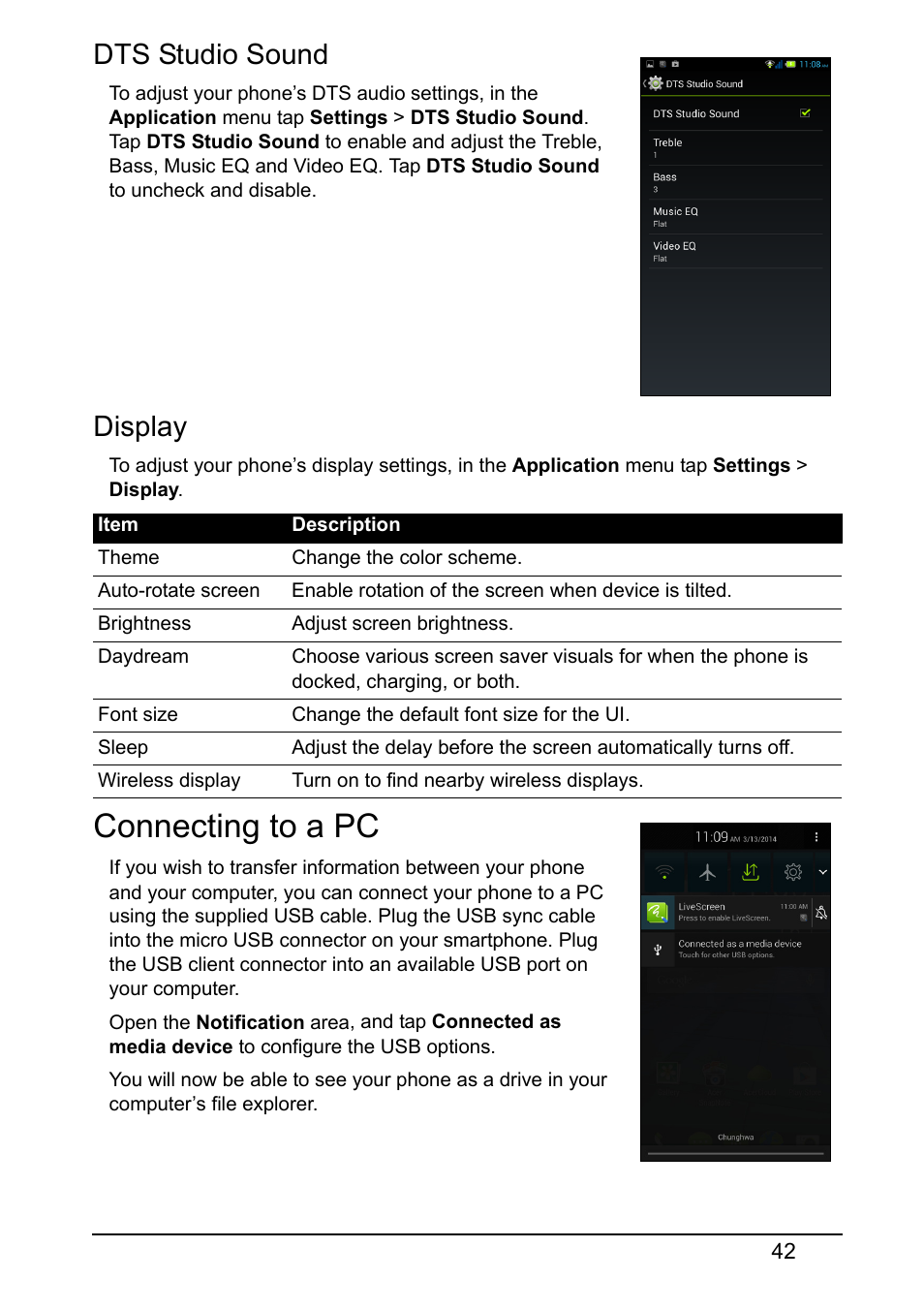 Dts studio sound, Display, Connecting to a pc | Acer E380 User Manual | Page 42 / 58