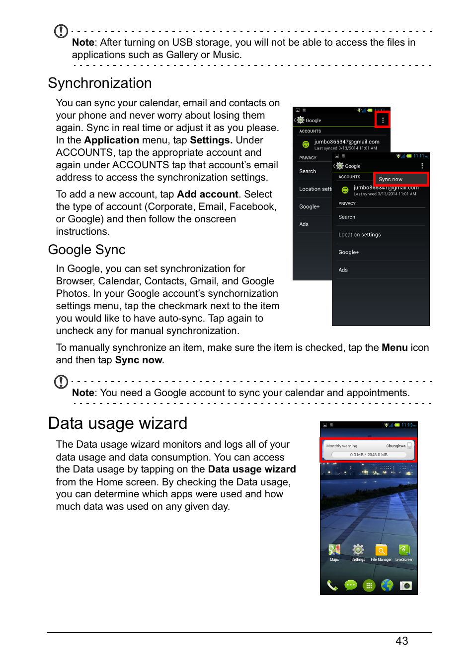 Synchronization, Data usage wizard | Acer E380 User Manual | Page 43 / 58