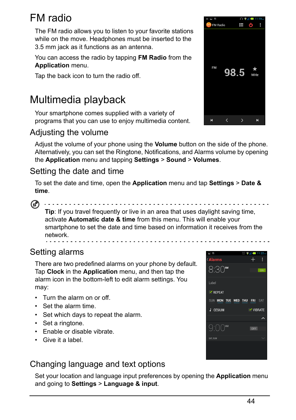 Fm radio, Multimedia playback, Fm radio multimedia playback | Acer E380 User Manual | Page 44 / 58