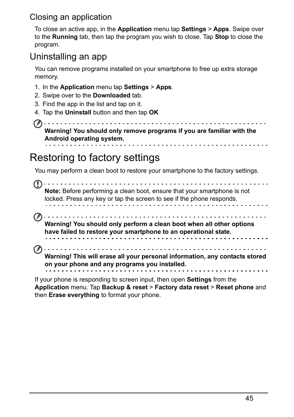 Uninstalling an app, Restoring to factory settings, Closing an application | Acer E380 User Manual | Page 45 / 58