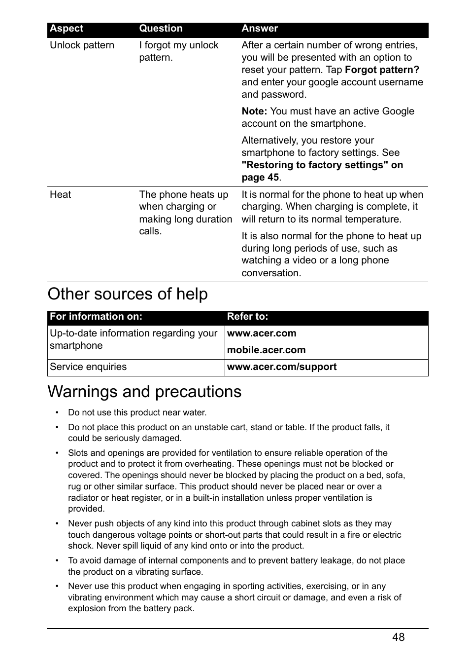 Other sources of help, Warnings and precautions, Other sources of help warnings and precautions | Acer E380 User Manual | Page 48 / 58