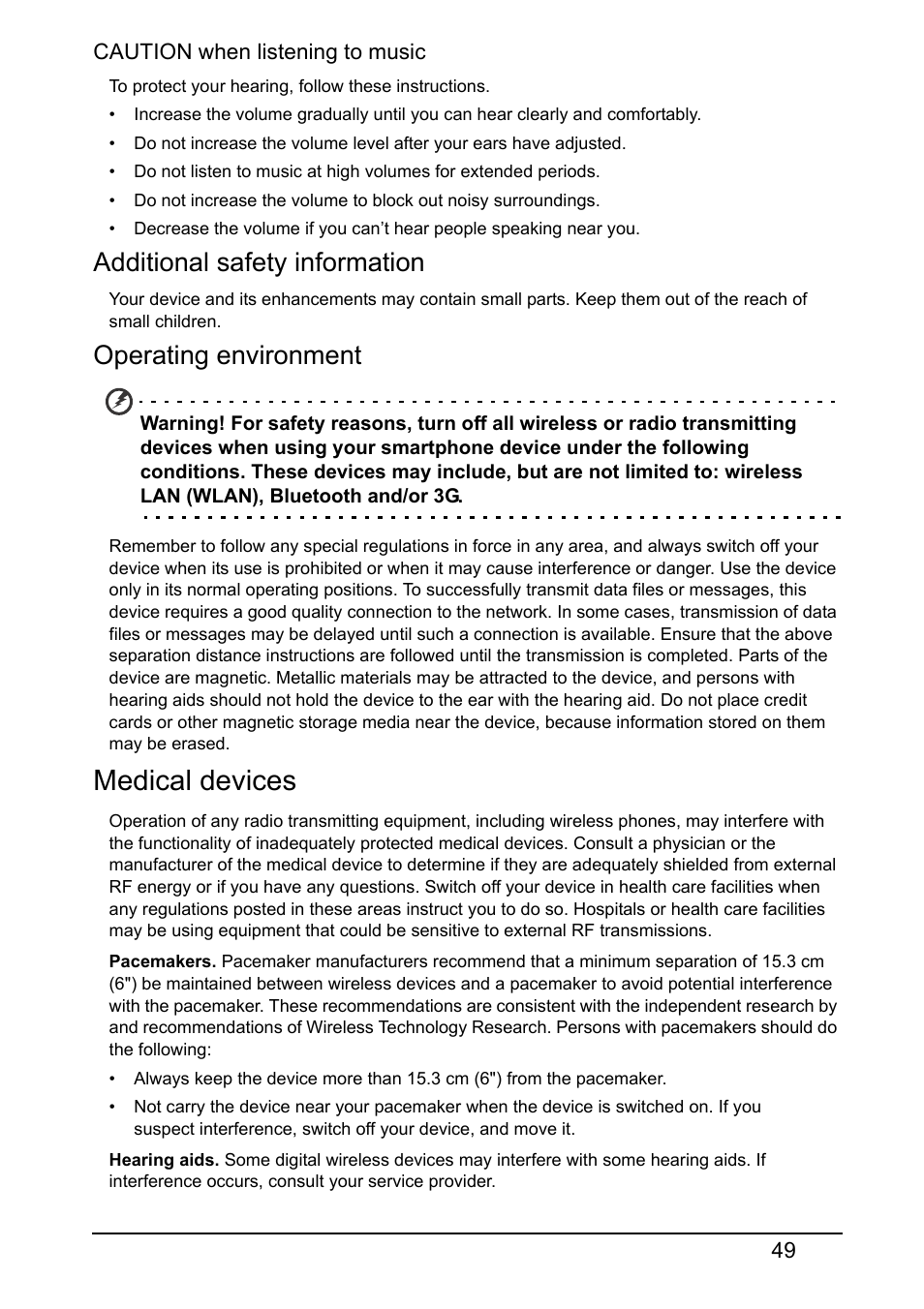 Medical devices, Additional safety information, Operating environment | Acer E380 User Manual | Page 49 / 58