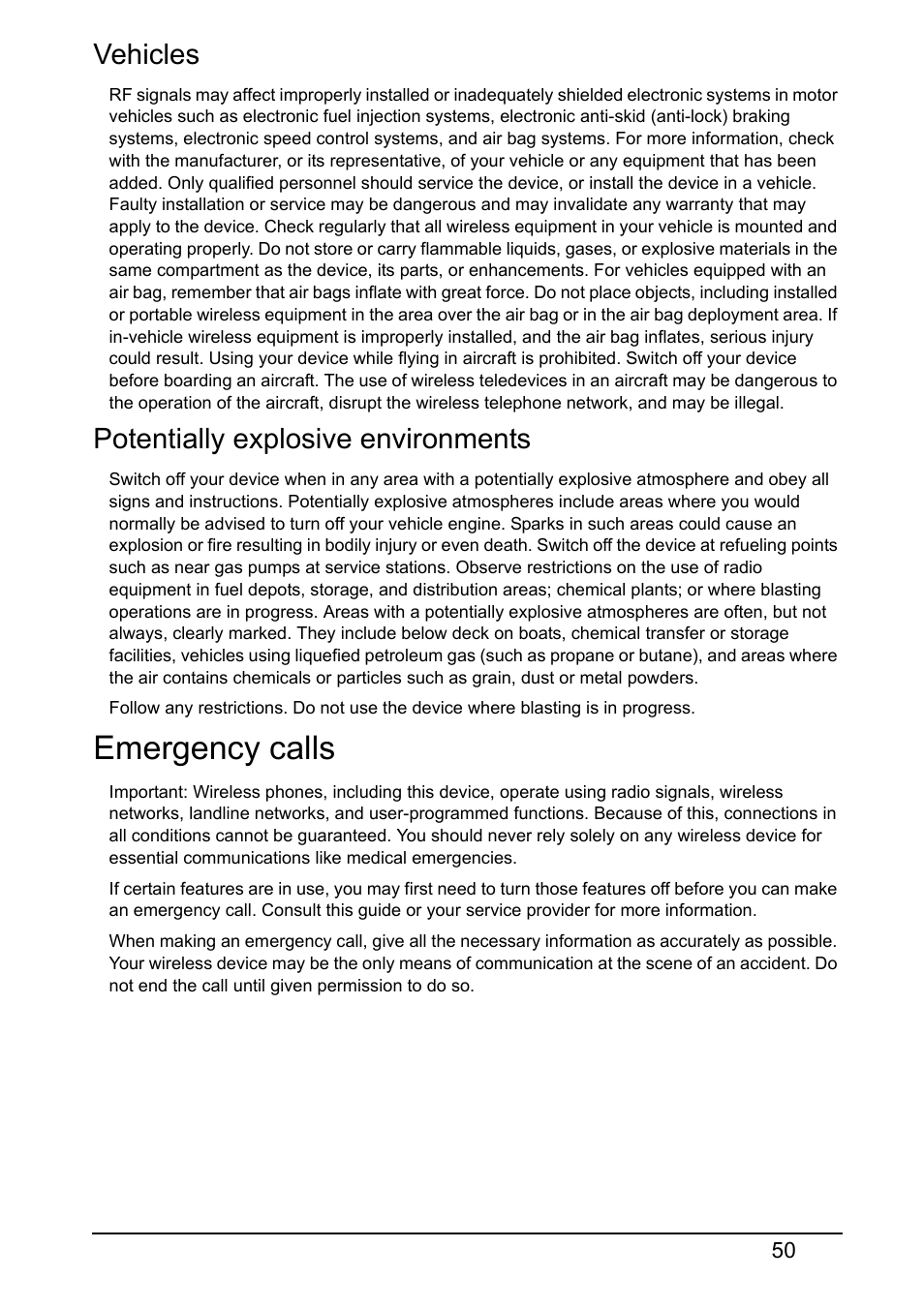 Vehicles, Potentially explosive environments, Emergency calls | Acer E380 User Manual | Page 50 / 58