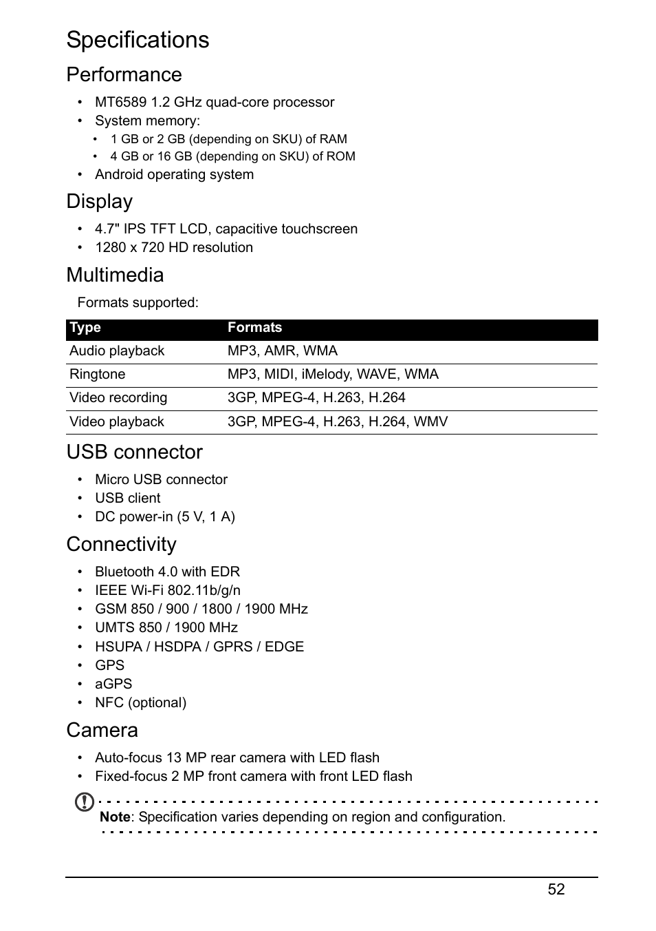 Specifications, Performance, Display | Multimedia, Usb connector, Connectivity, Camera | Acer E380 User Manual | Page 52 / 58