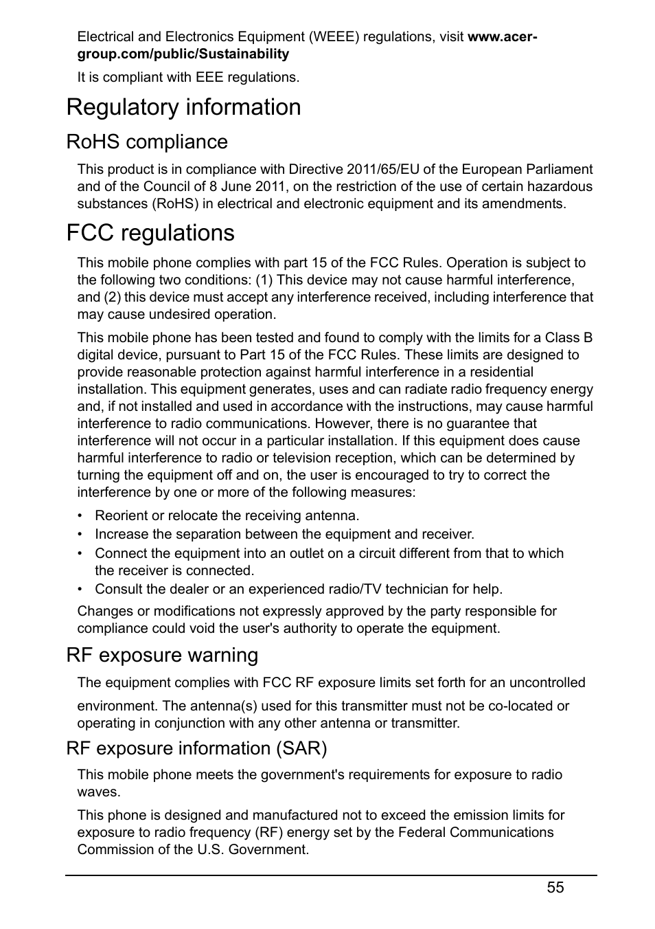 Regulatory information, Rohs compliance, Fcc regulations | Rf exposure warning, Regulatory information fcc regulations | Acer E380 User Manual | Page 55 / 58