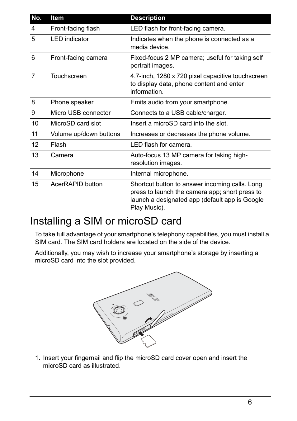 Installing a sim or microsd card | Acer E380 User Manual | Page 6 / 58