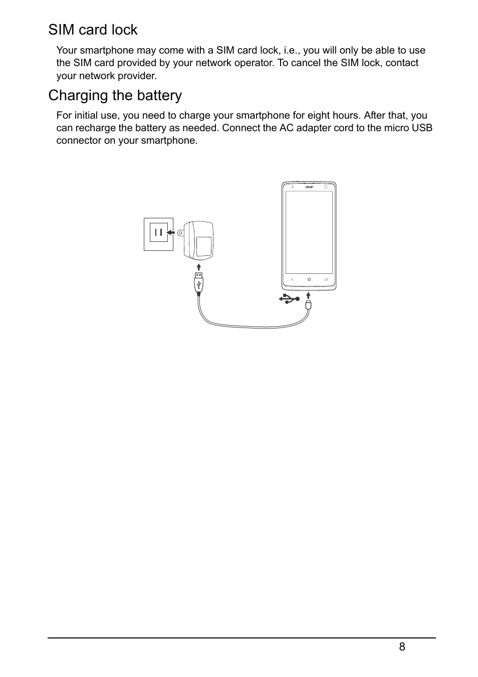 Sim card lock, Charging the battery | Acer E380 User Manual | Page 8 / 58