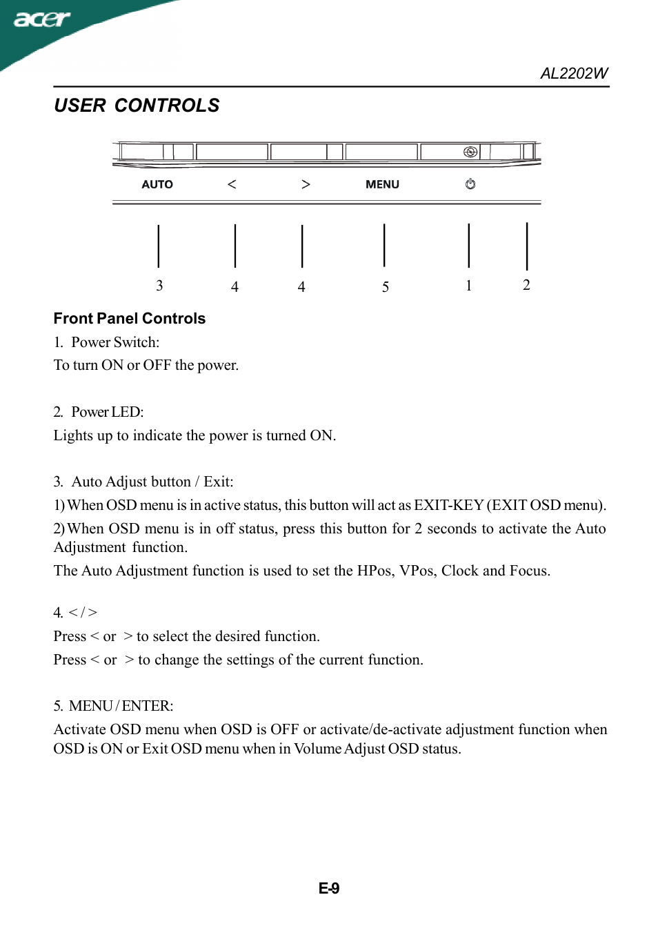 User controls | Acer AL2202W User Manual | Page 10 / 17