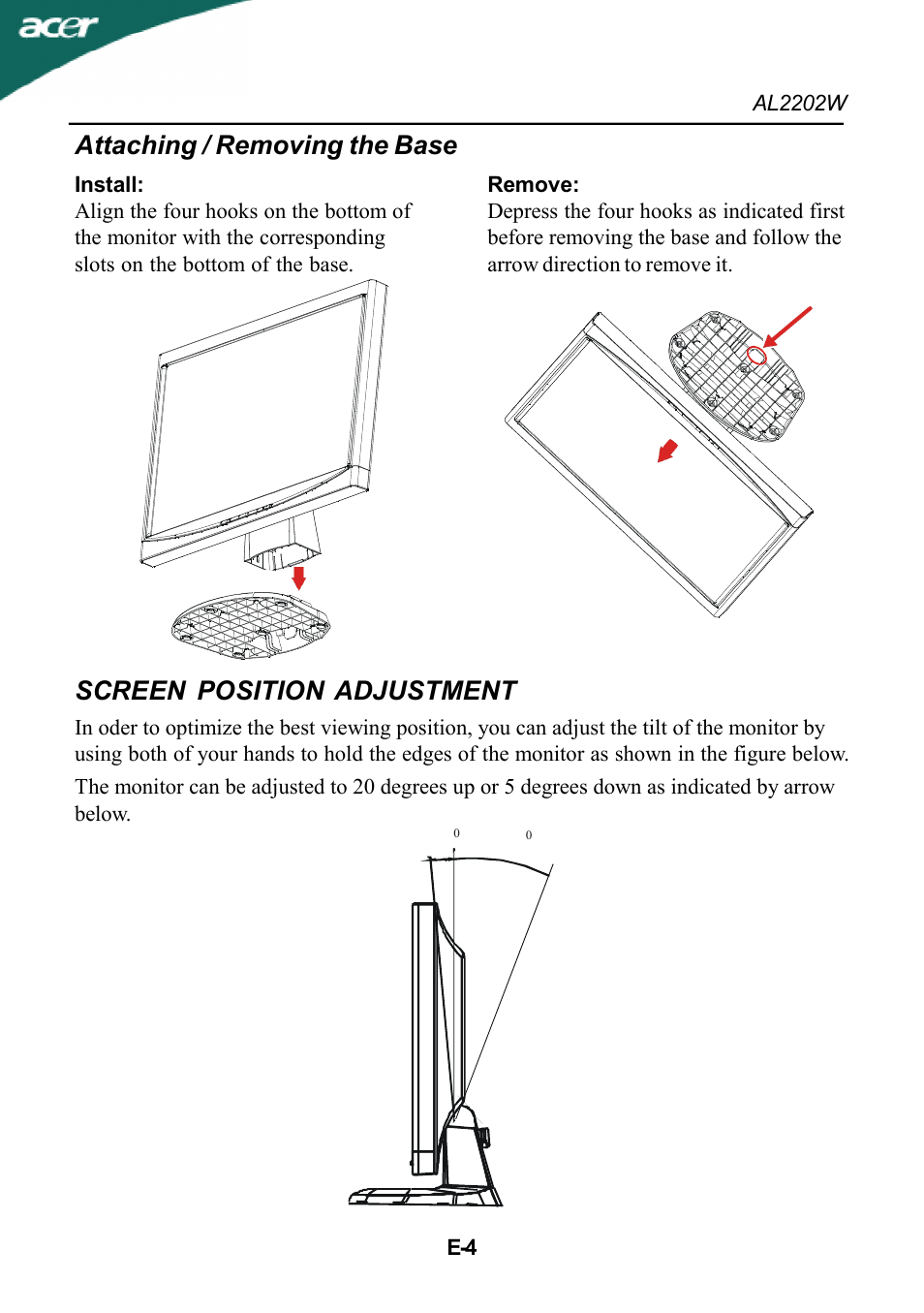 Screen position adjustment, Attaching / removing the base | Acer AL2202W User Manual | Page 5 / 17