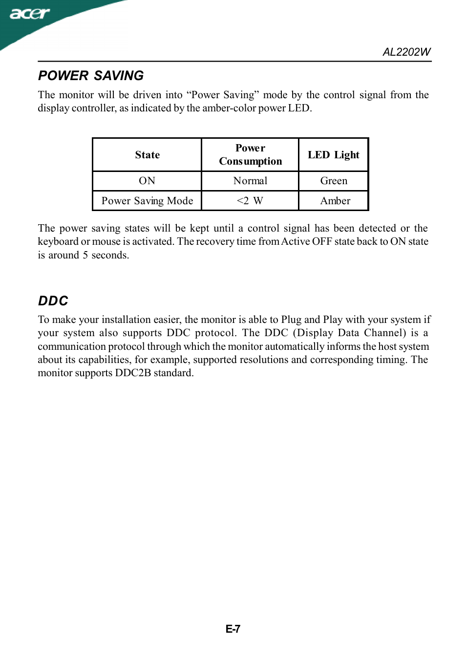 Power saving | Acer AL2202W User Manual | Page 8 / 17