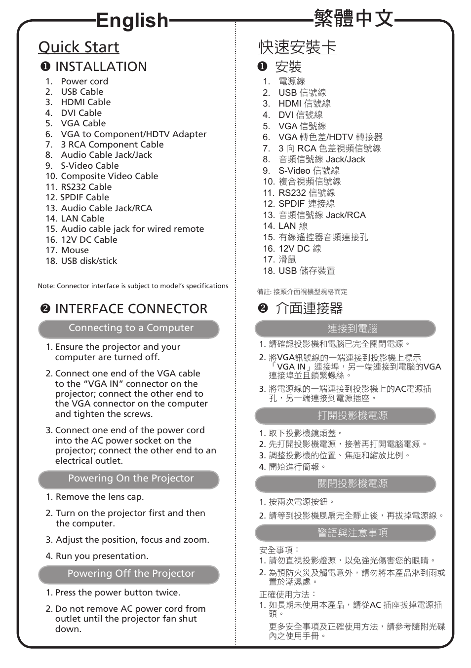 繁體中文, English, 快速安裝卡 | Quick start, 介面連接器, Installation, Interface connector | Acer P7500 User Manual | Page 2 / 2