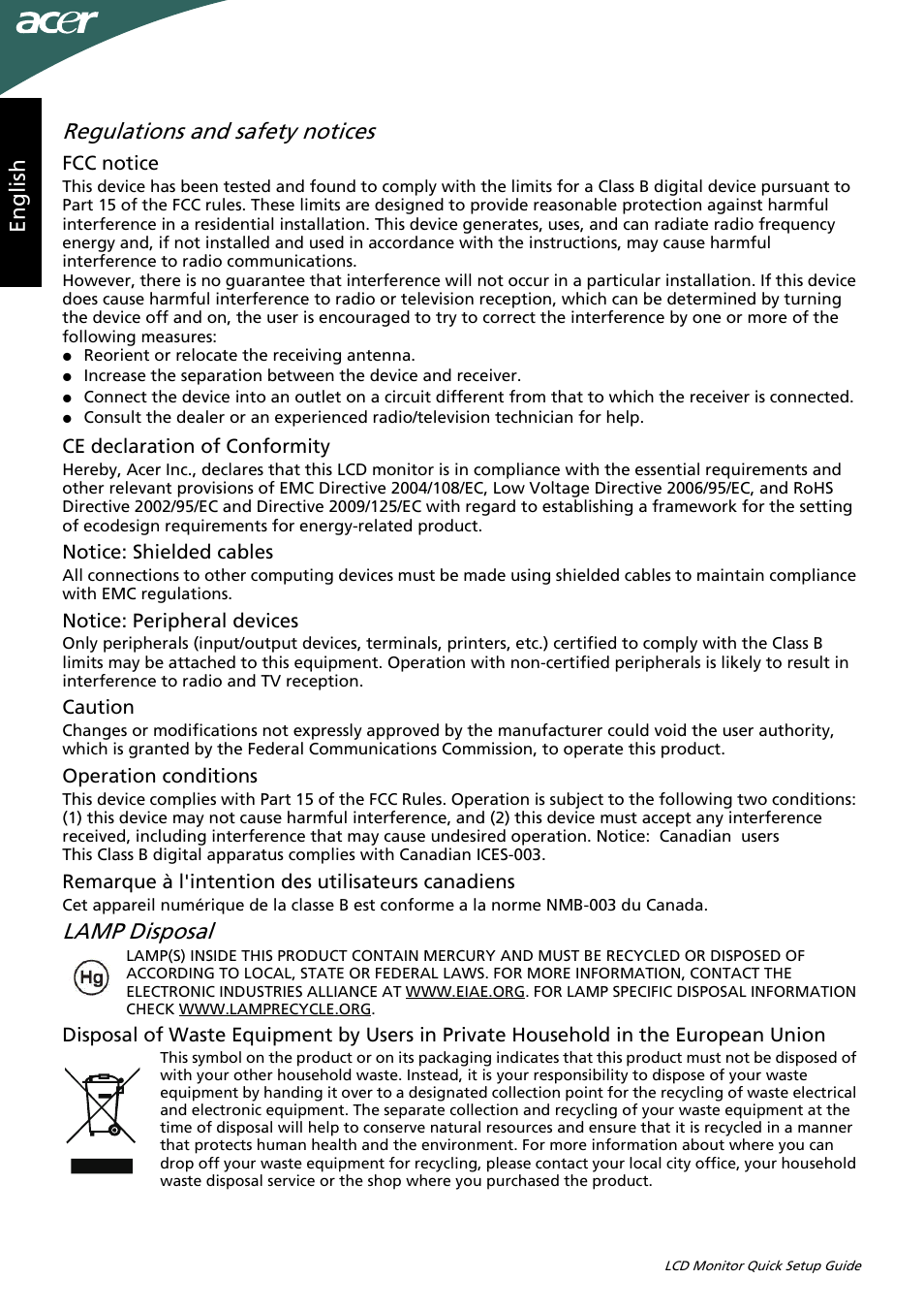 Regulations and safety notices, Lamp disposal, Eng lis h | Acer G205HV User Manual | Page 2 / 2