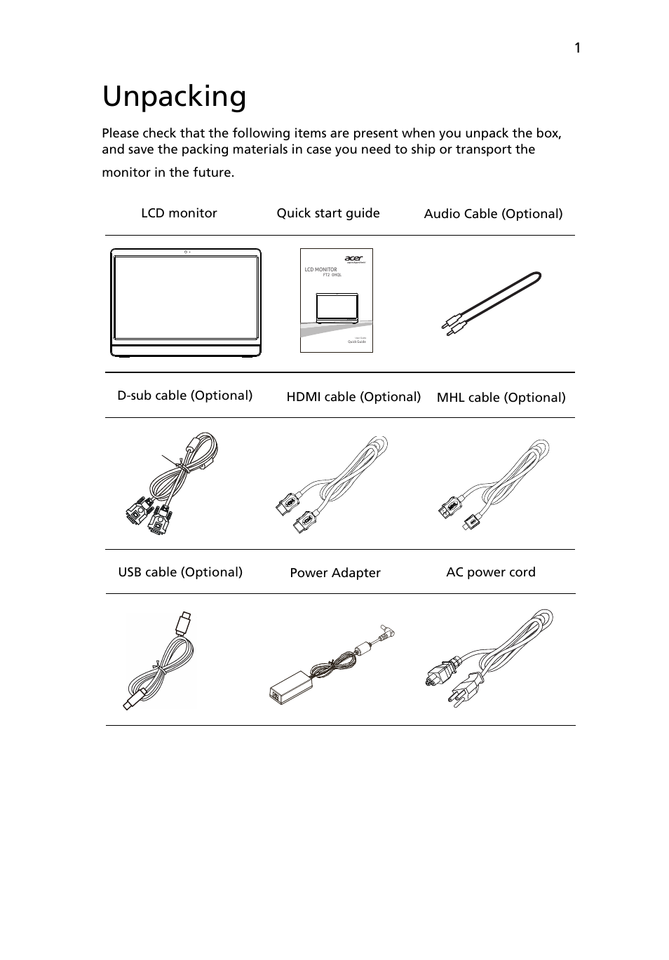 Unpacking | Acer FT240HQL User Manual | Page 13 / 30
