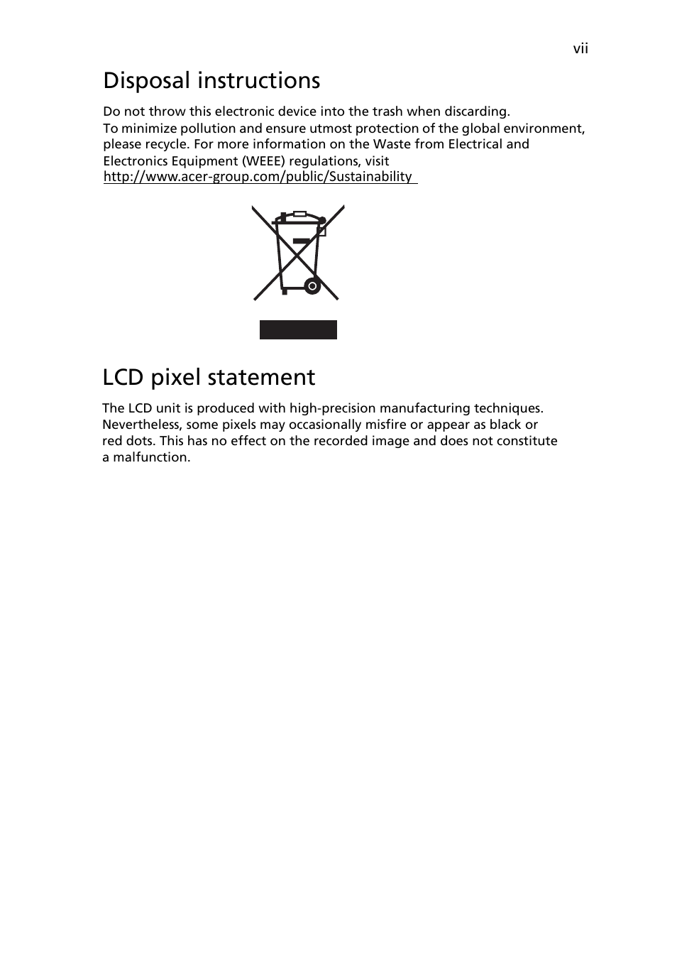 Disposal instructions, Lcd pixel statement | Acer FT240HQL User Manual | Page 7 / 30