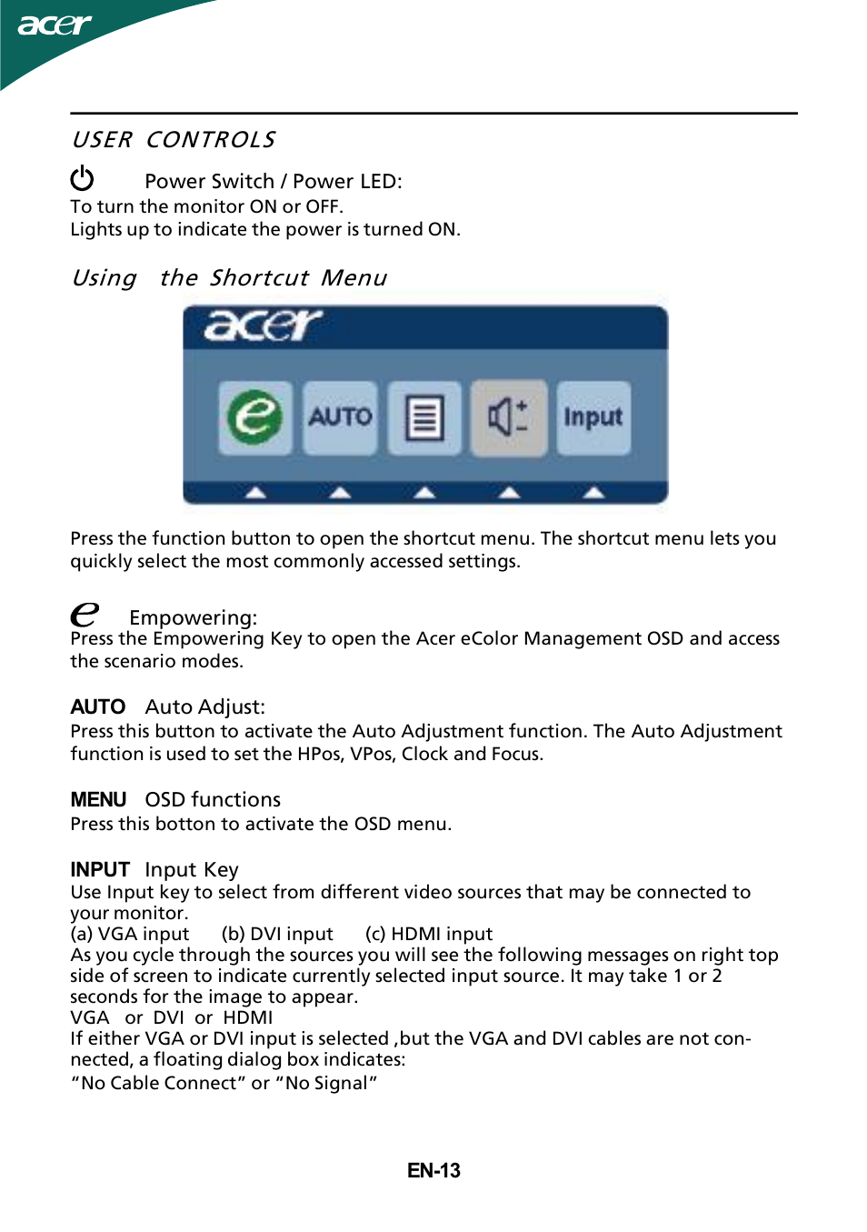 User controls, Using the shortcut menu | Acer GD235HZ User Manual | Page 14 / 23
