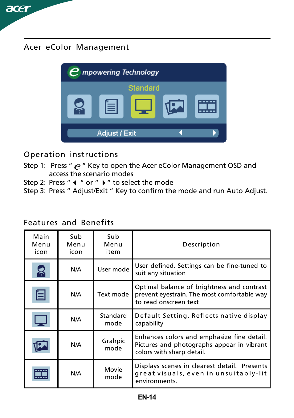 Acer ecolor management operation instructions, Features and benefits | Acer GD235HZ User Manual | Page 15 / 23