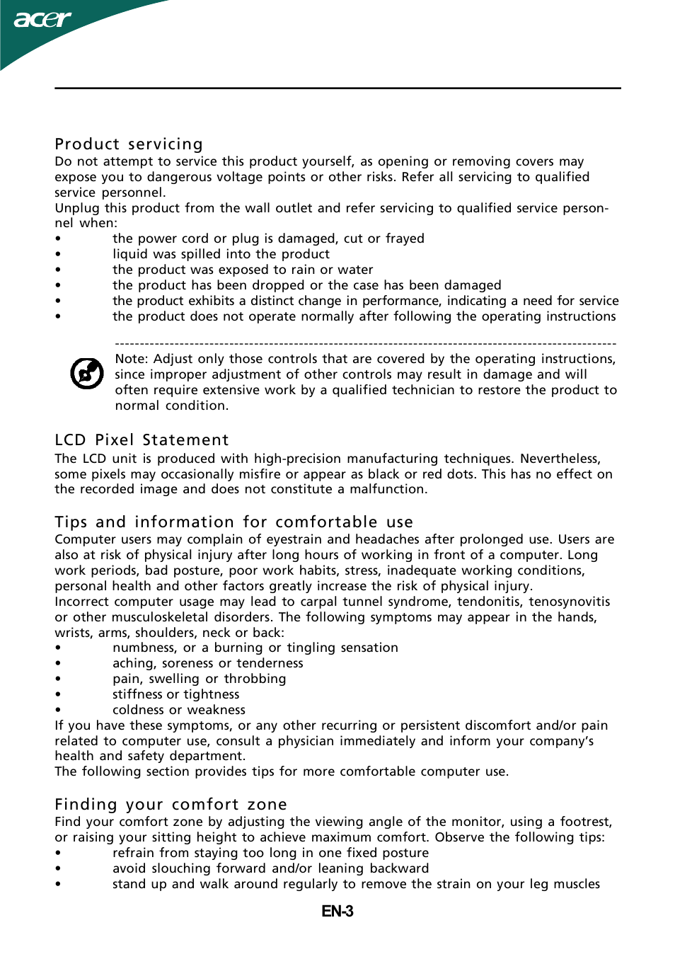 En-3 product servicing, Lcd pixel statement, Tips and information for comfortable use | Finding your comfort zone | Acer GD235HZ User Manual | Page 4 / 23