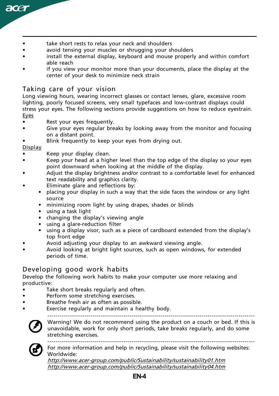 En-4, Taking care of your vision, Developing good work habits | Acer GD235HZ User Manual | Page 5 / 23