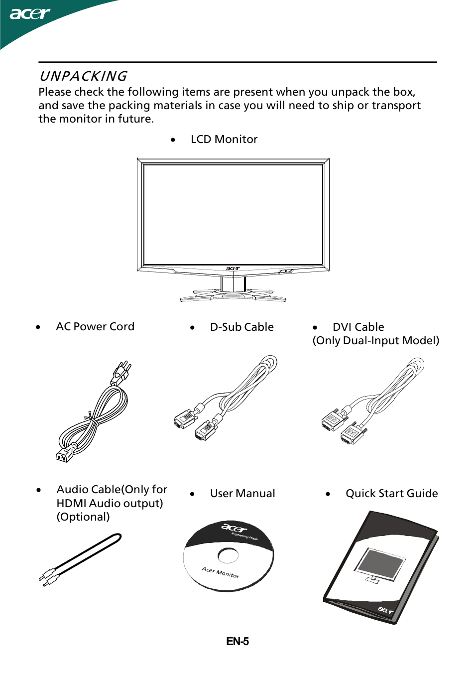 Unpacking | Acer GD235HZ User Manual | Page 6 / 23