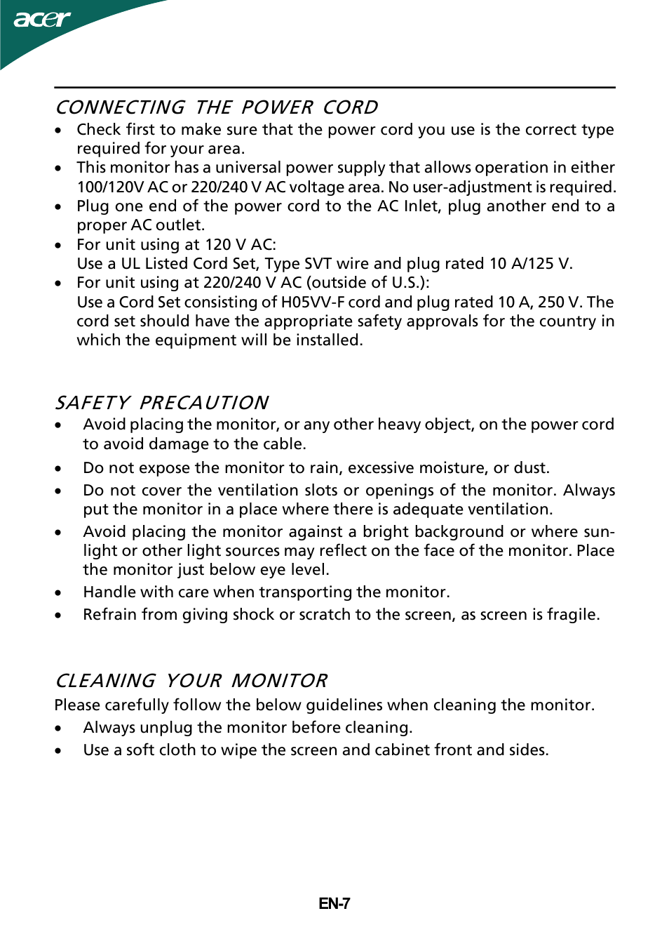 Connecting the power cord, Safety precaution, Cleaning your monitor | Acer GD235HZ User Manual | Page 8 / 23