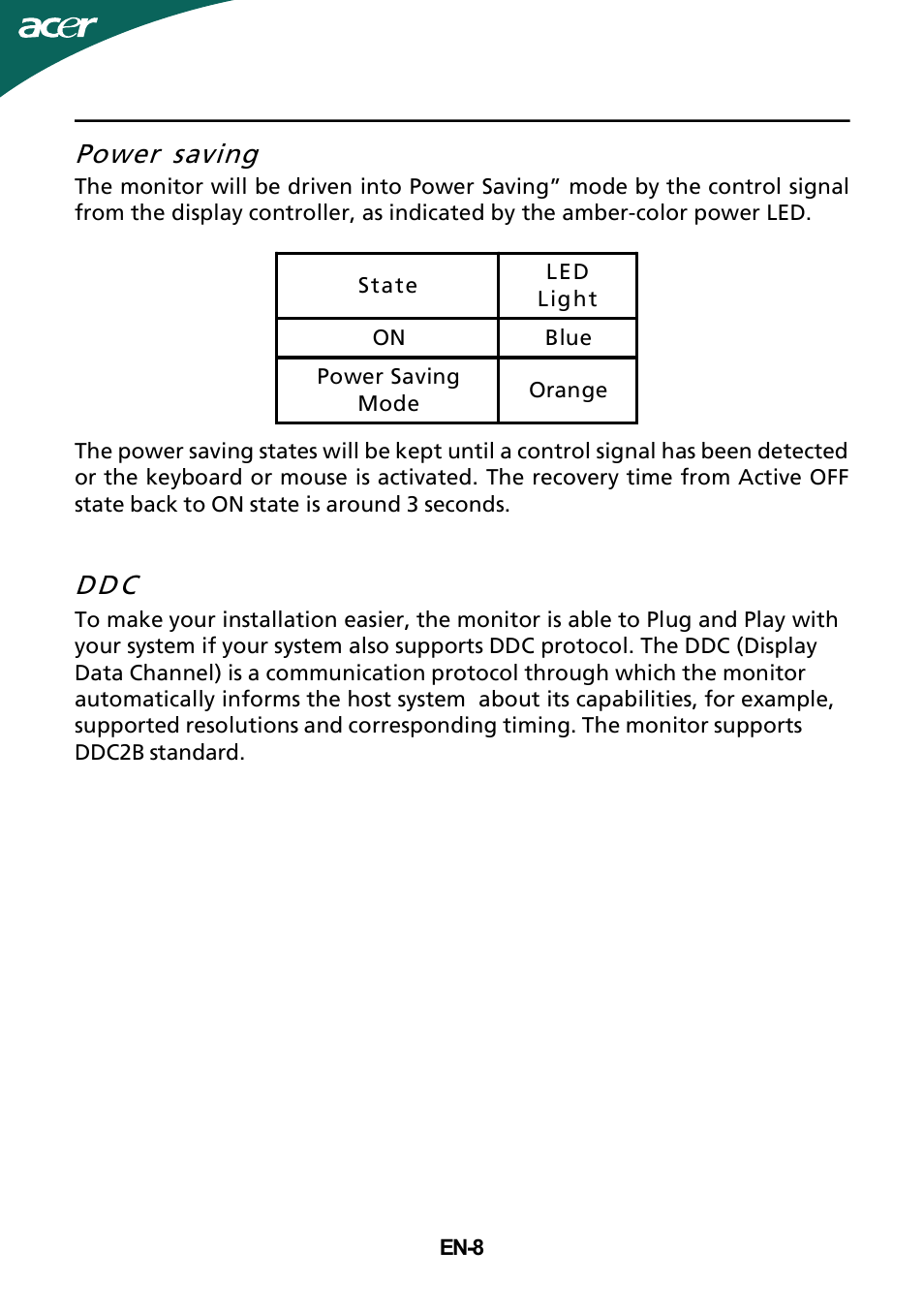 Power saving, Dd c | Acer GD235HZ User Manual | Page 9 / 23