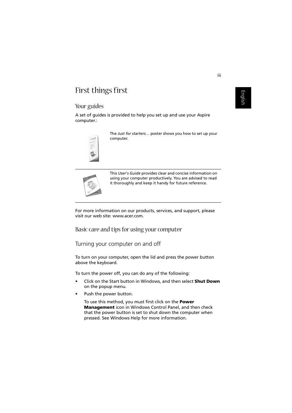 First things first, Your guides, Basic care and tips for using your computer | Acer Aspire 1350 User Manual | Page 3 / 93