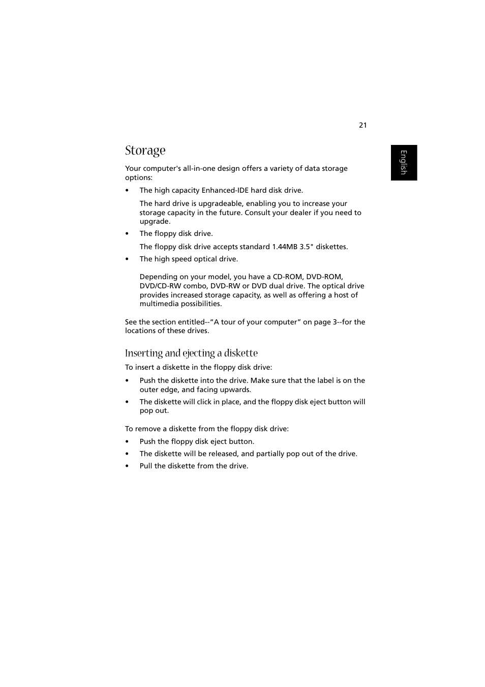 Storage, Inserting and ejecting a diskette | Acer Aspire 1350 User Manual | Page 31 / 93