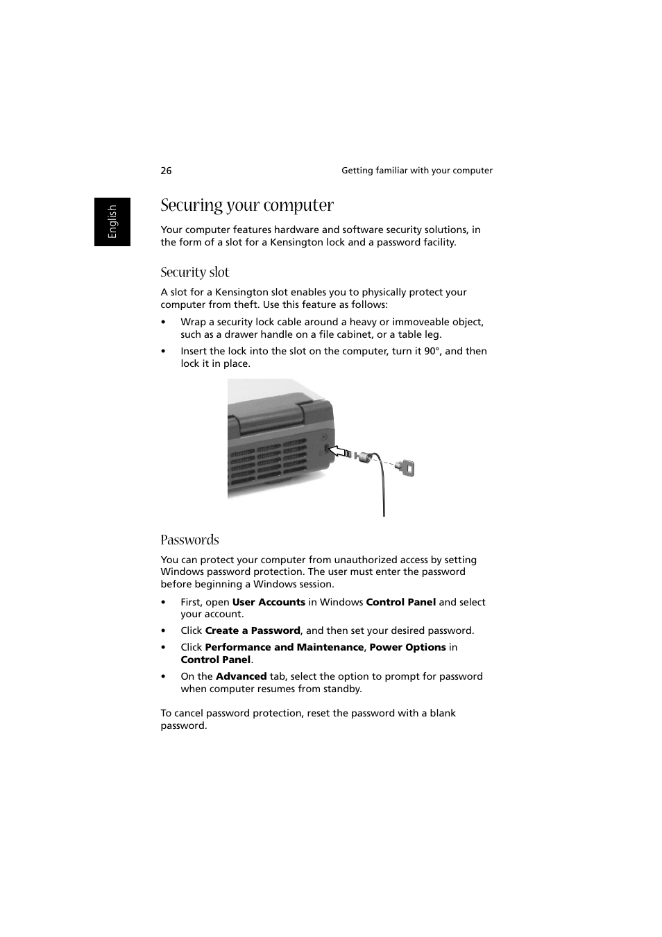 Securing your computer, Security slot, Passwords | Acer Aspire 1350 User Manual | Page 36 / 93