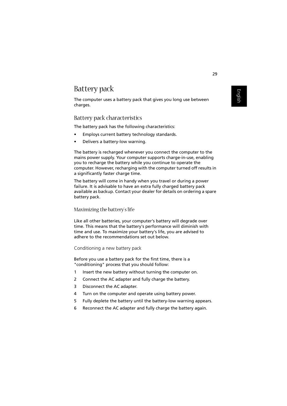 Battery pack, Battery pack characteristics, Maximizing the battery's life | Acer Aspire 1350 User Manual | Page 39 / 93