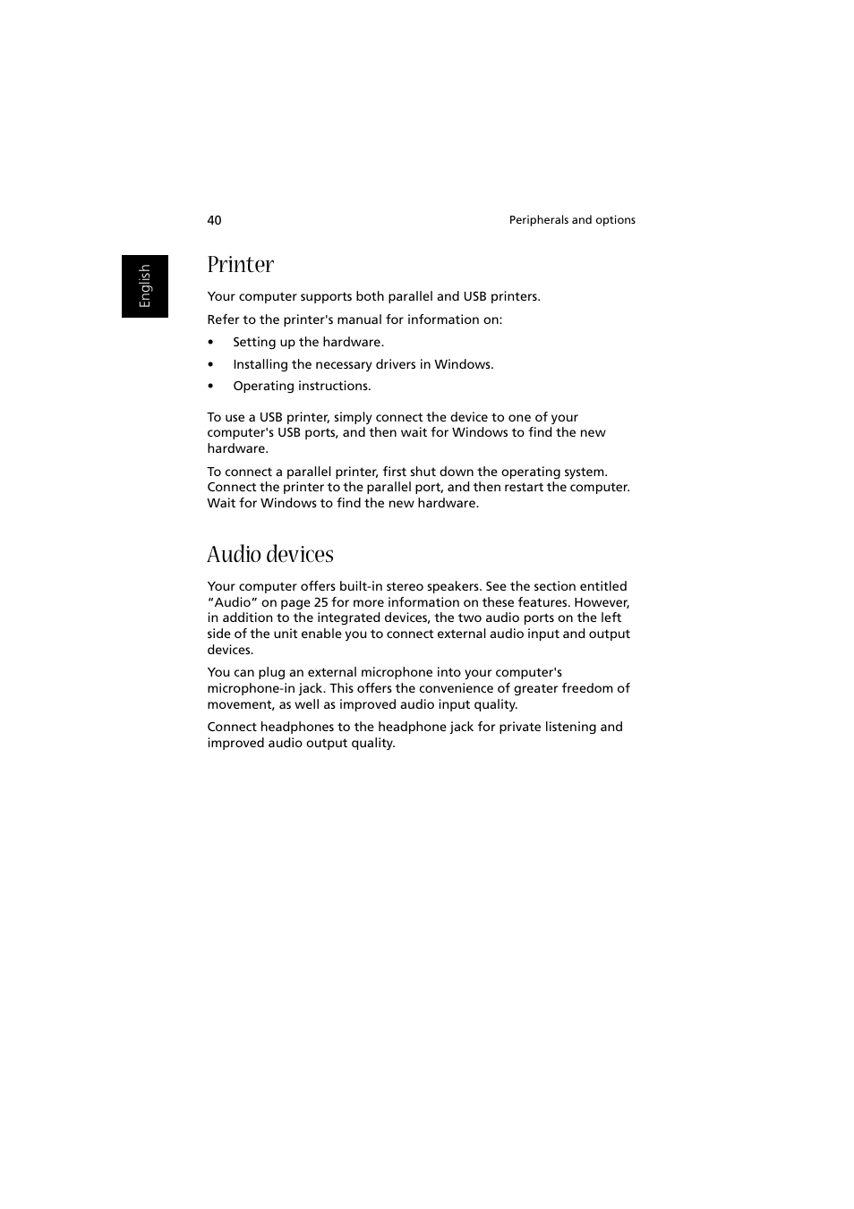 Printer, Audio devices | Acer Aspire 1350 User Manual | Page 50 / 93