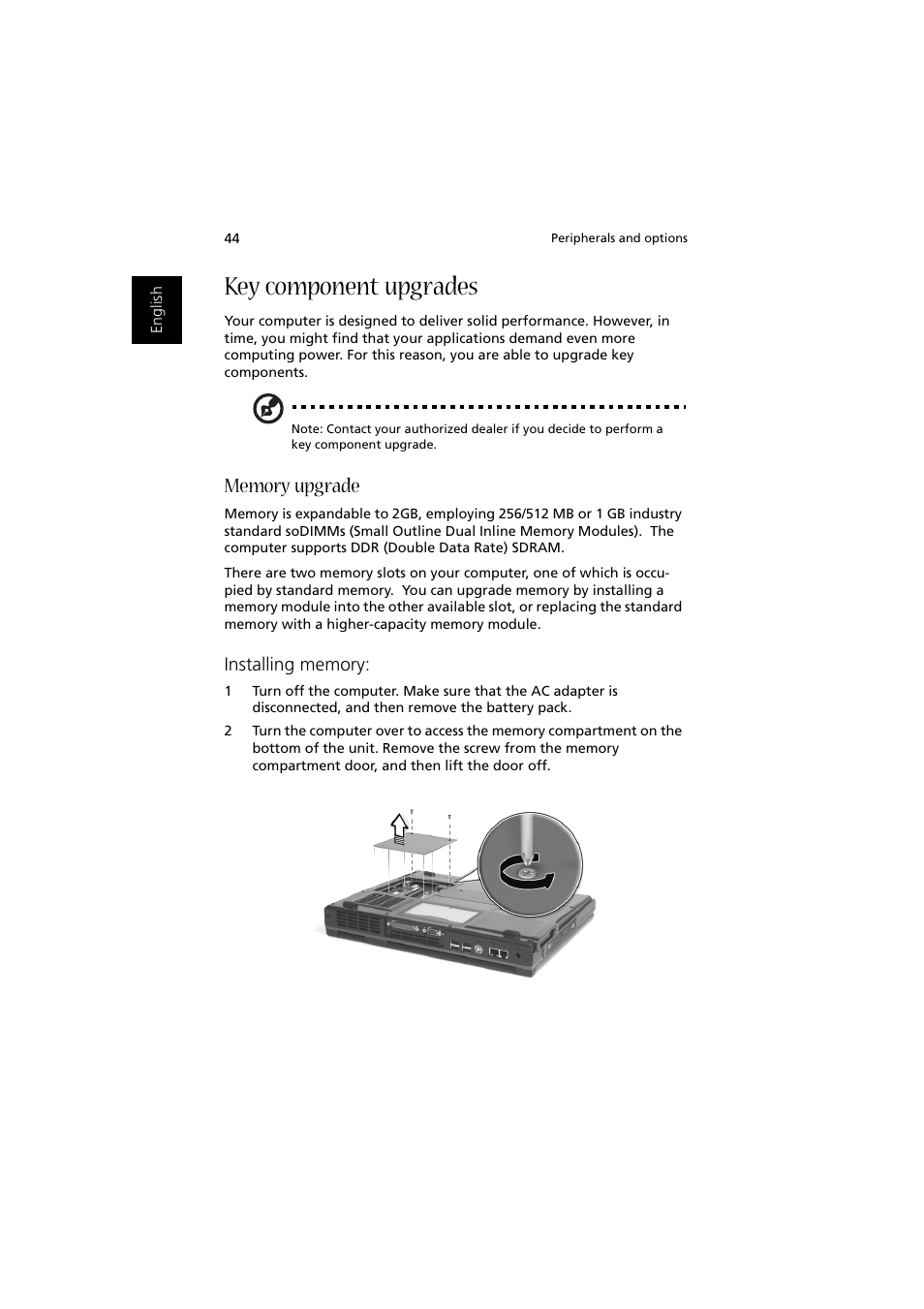 Key component upgrades, Memory upgrade | Acer Aspire 1350 User Manual | Page 54 / 93