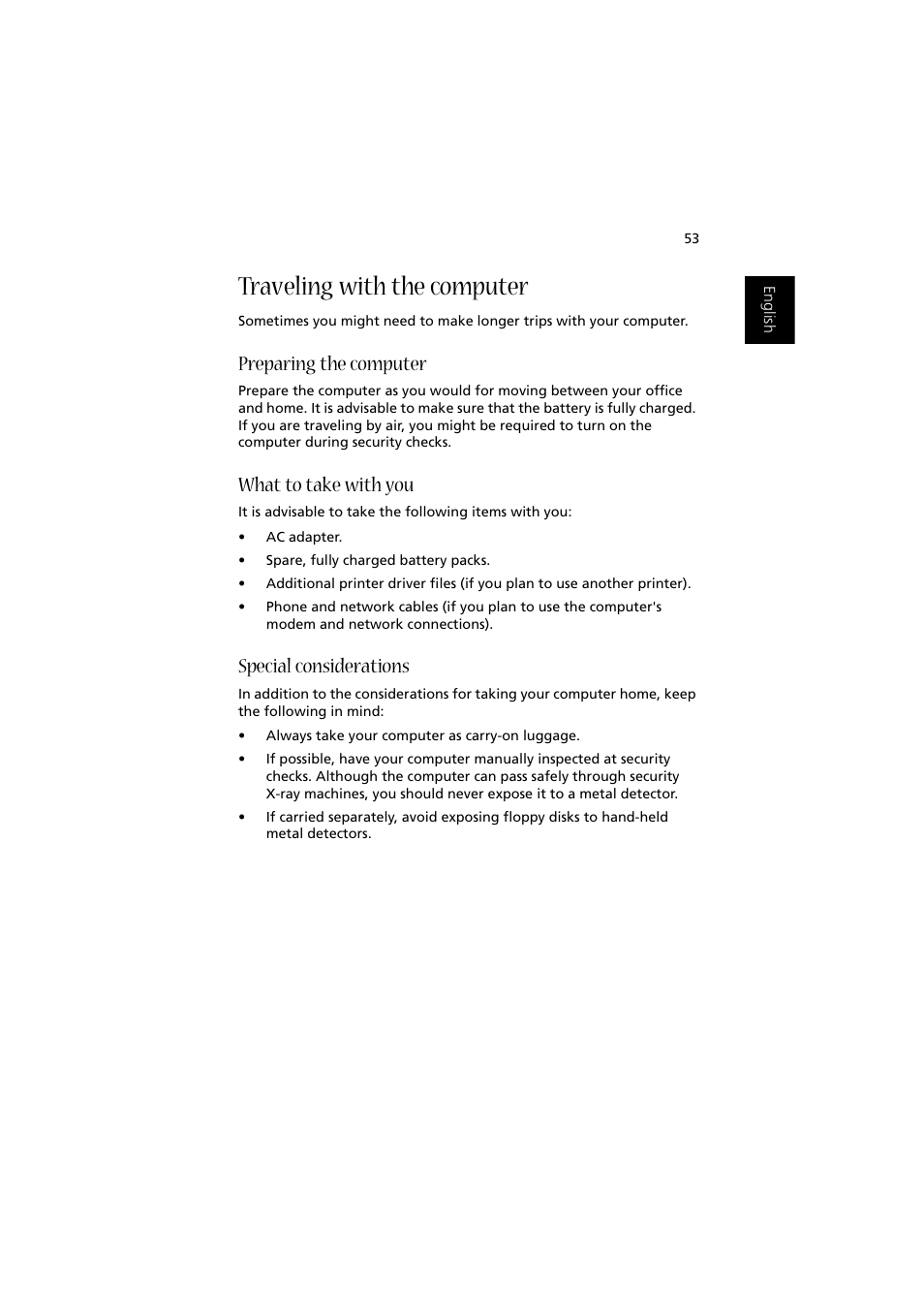 Traveling with the computer, Preparing the computer, What to take with you | Special considerations | Acer Aspire 1350 User Manual | Page 63 / 93